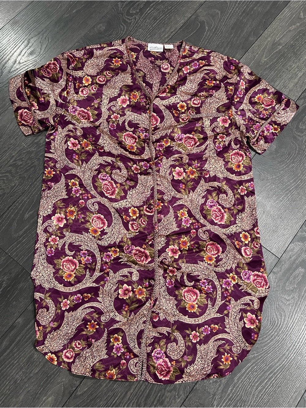 Vtg 90s Kathryn Floral Paisley Night Shirt Gown M Purple Satin